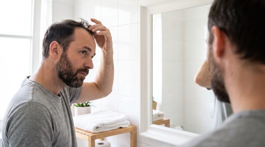 Man bekijkt zijn dunner wordende haar in de spiegel