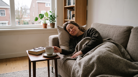 Vrouw rust uit op de bank bij het raam