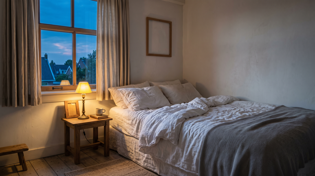 Slaapkamer in de avond met warm gedempt licht