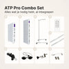 ATP Pro Combo Set: inhoud met 700 en 1500 paneel, standaard, afstandsbediening, koppelstuk, koord, veiligheidsbril, deurhaak en ophangset