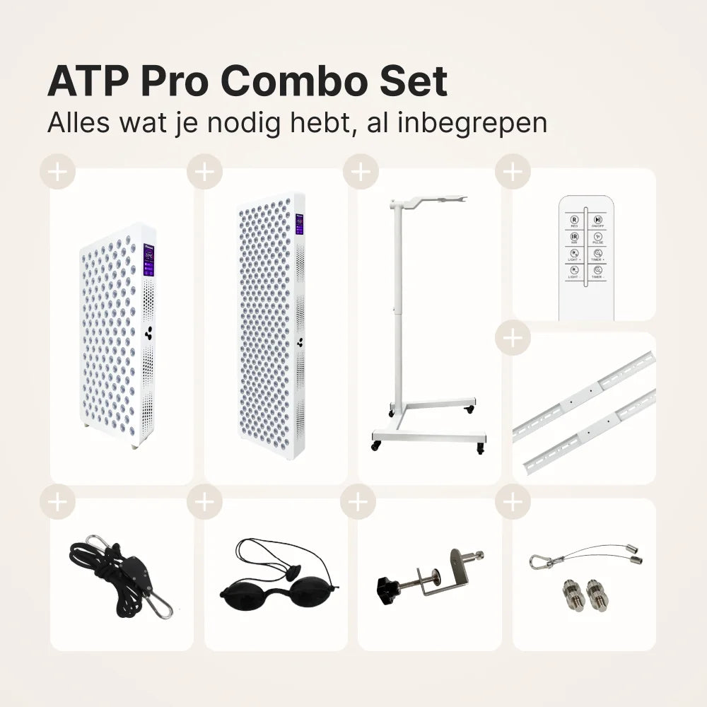 ATP Pro Combo Set: inhoud met 700 en 1500 paneel, standaard, afstandsbediening, koppelstuk, koord, veiligheidsbril, deurhaak en ophangset
