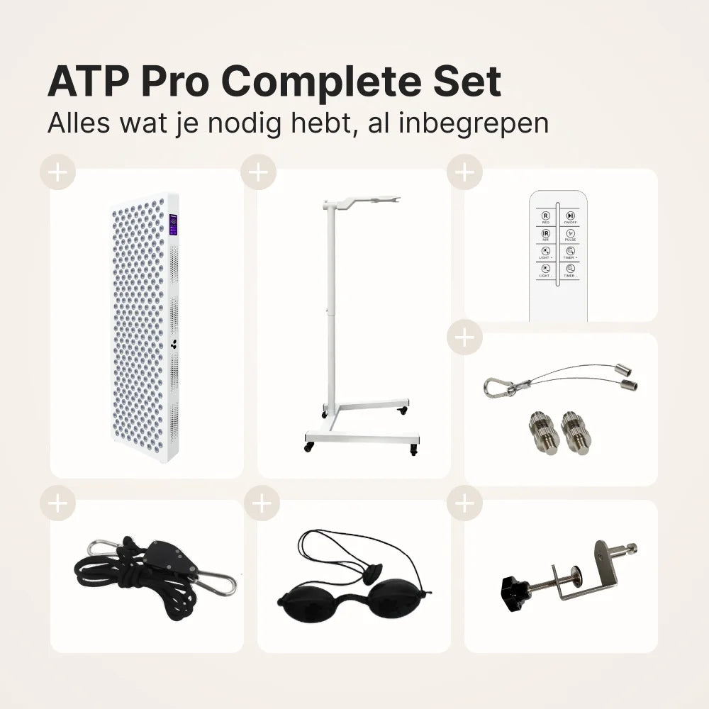 ATP Pro Complete Set: inhoud met paneel, horizontale standaard, afstandsbediening, ophangset, koord, veiligheidsbril en deurhaak