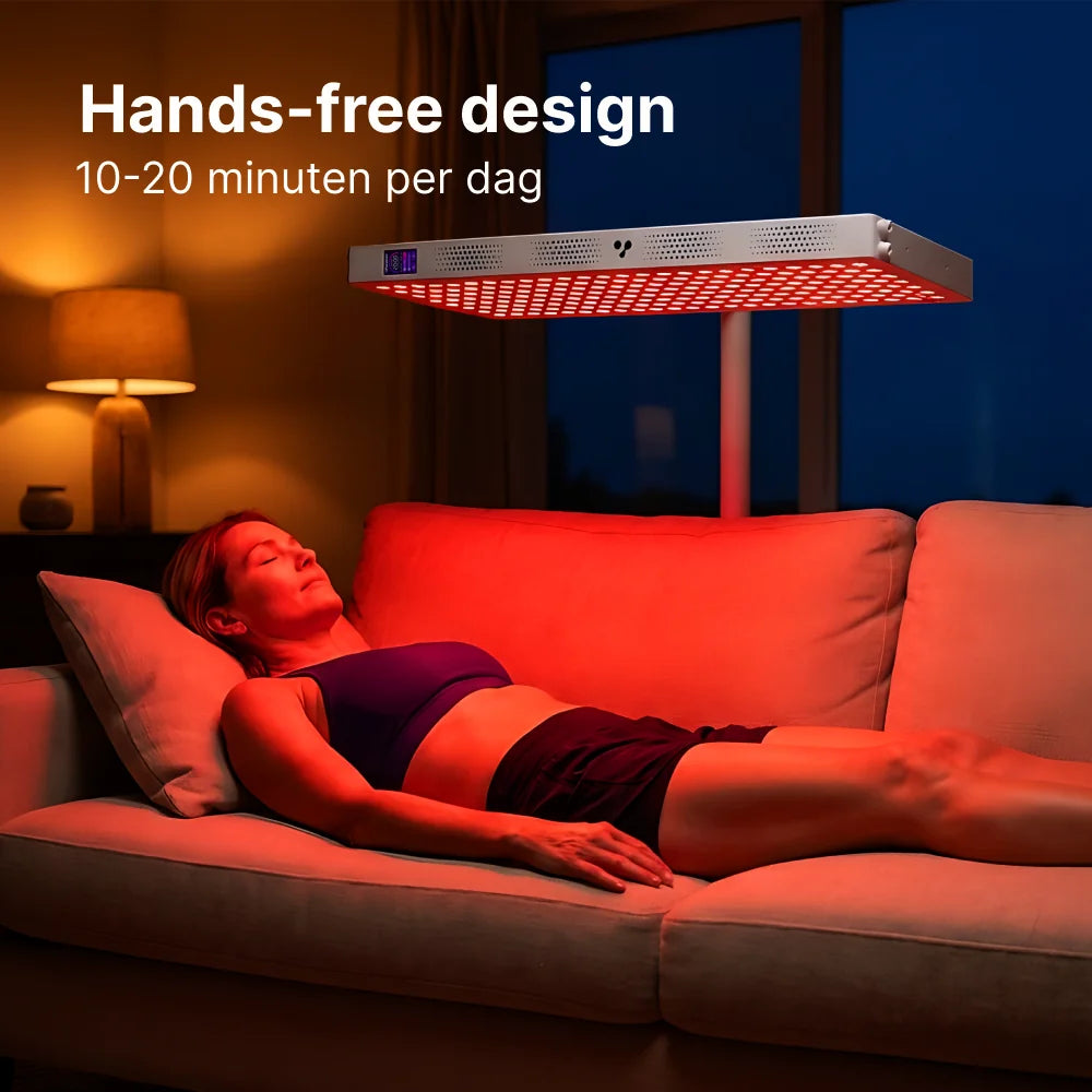 ATP Pro Complete Set hands-free boven de bank, vrouw ligt onder het rode licht, 10 tot 20 minuten per dag