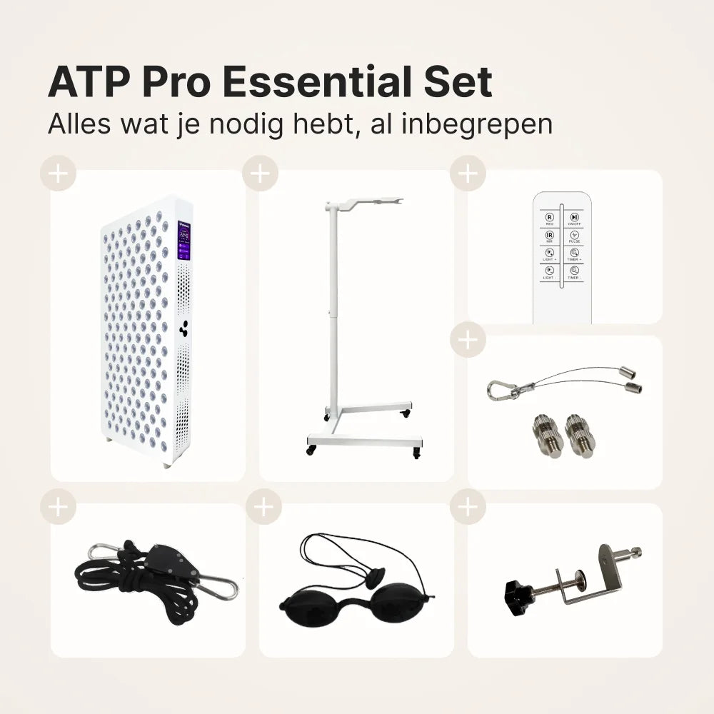 ATP Pro Essential Set: inhoud met 700 paneel, horizontale standaard, afstandsbediening, ophangset, koord, veiligheidsbril en deurhaak