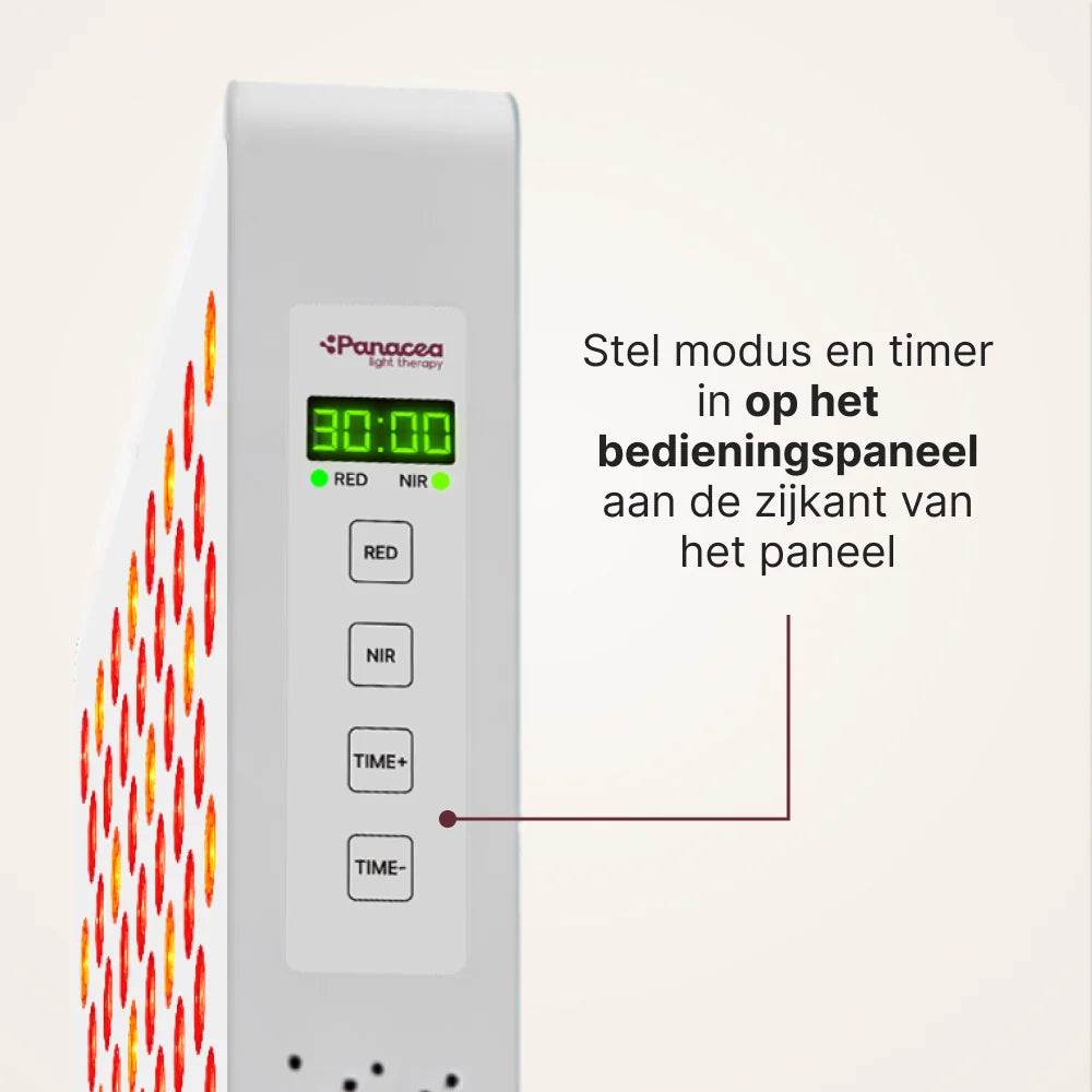 Bedieningspaneel aan de zijkant van het ATP Pure paneel met display en knoppen RED, NIR, TIME+ en TIME-
