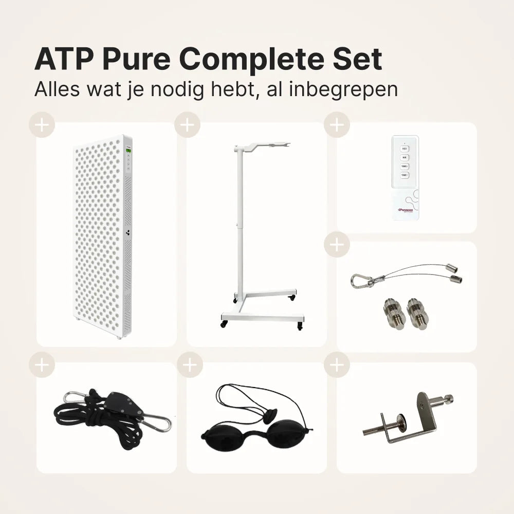 ATP Pure Complete Set inhoud: Pure 1500 paneel, verrijdbare standaard, afstandsbediening, ophangset, touwophanging, beschermbril en deurhaak