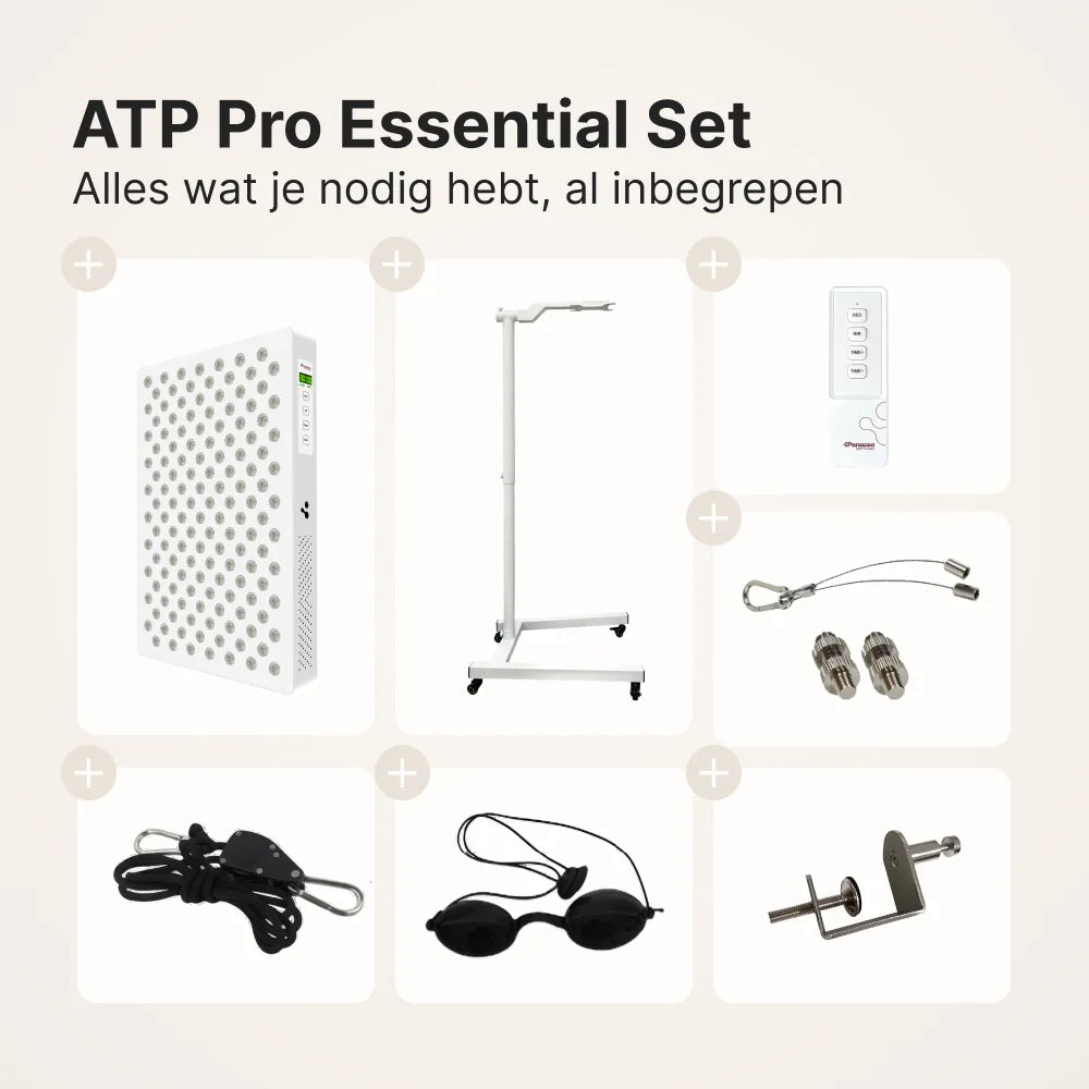 ATP Pure Essential Set inhoud: Pure 700 paneel, verrijdbare standaard, afstandsbediening, ophangset, touwophanging, beschermbril en deurhaak
