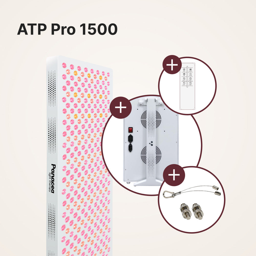 ATP Pro 1500 roodlichttherapie paneel met details van achterkant, afstandsbediening en ophangset