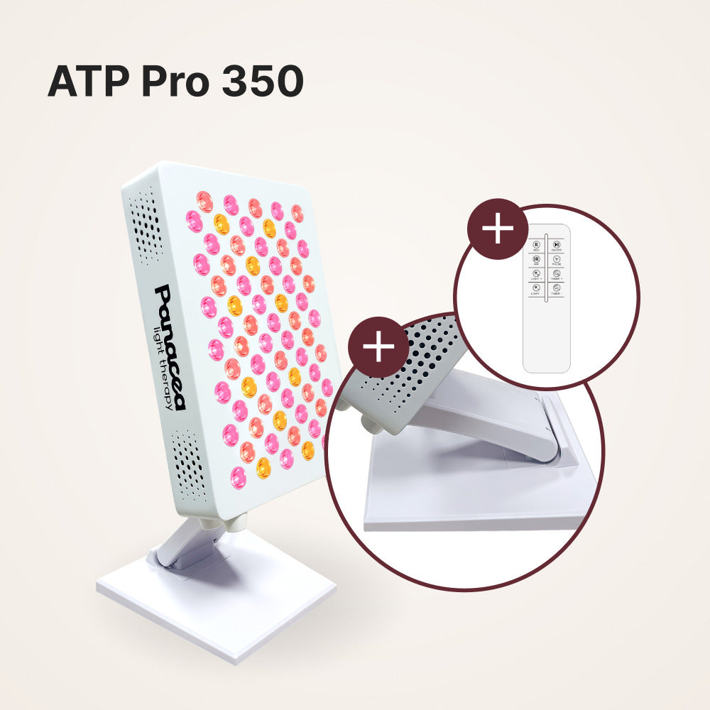 ATP Pro 350 roodlichttherapie paneel met details van bureaustandaard en afstandsbediening