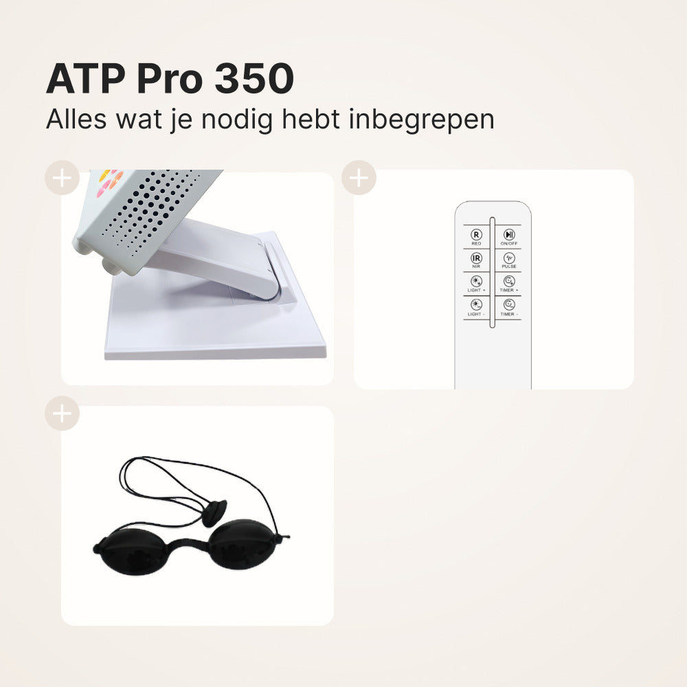 ATP Pro 350: inbegrepen accessoires, paneel met bureaustandaard, afstandsbediening en veiligheidsbril