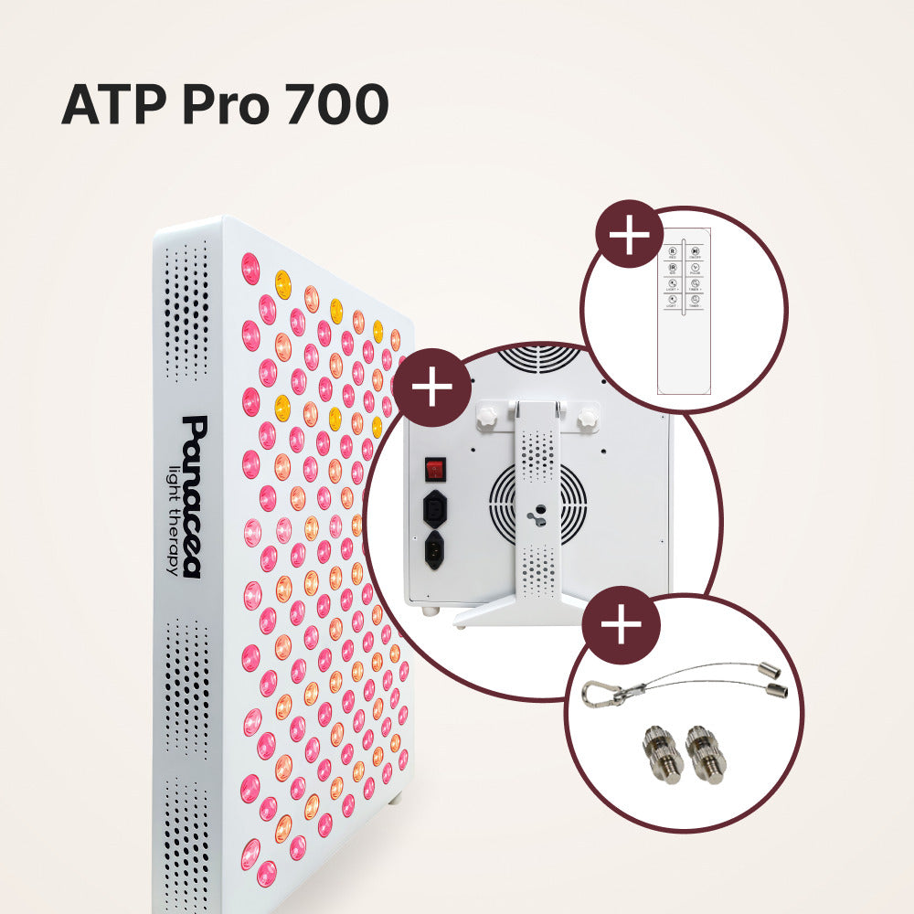 ATP Pro 700 roodlichttherapie paneel met details van achterkant, afstandsbediening en ophangset