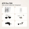 ATP Pro 700: inbegrepen accessoires, paneel met standaard, afstandsbediening, veiligheidsbril, ophangkabel, verstelbaar koord en deurhaak