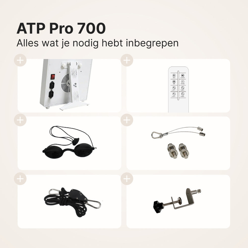 ATP Pro 700: inbegrepen accessoires, paneel met standaard, afstandsbediening, veiligheidsbril, ophangkabel, verstelbaar koord en deurhaak