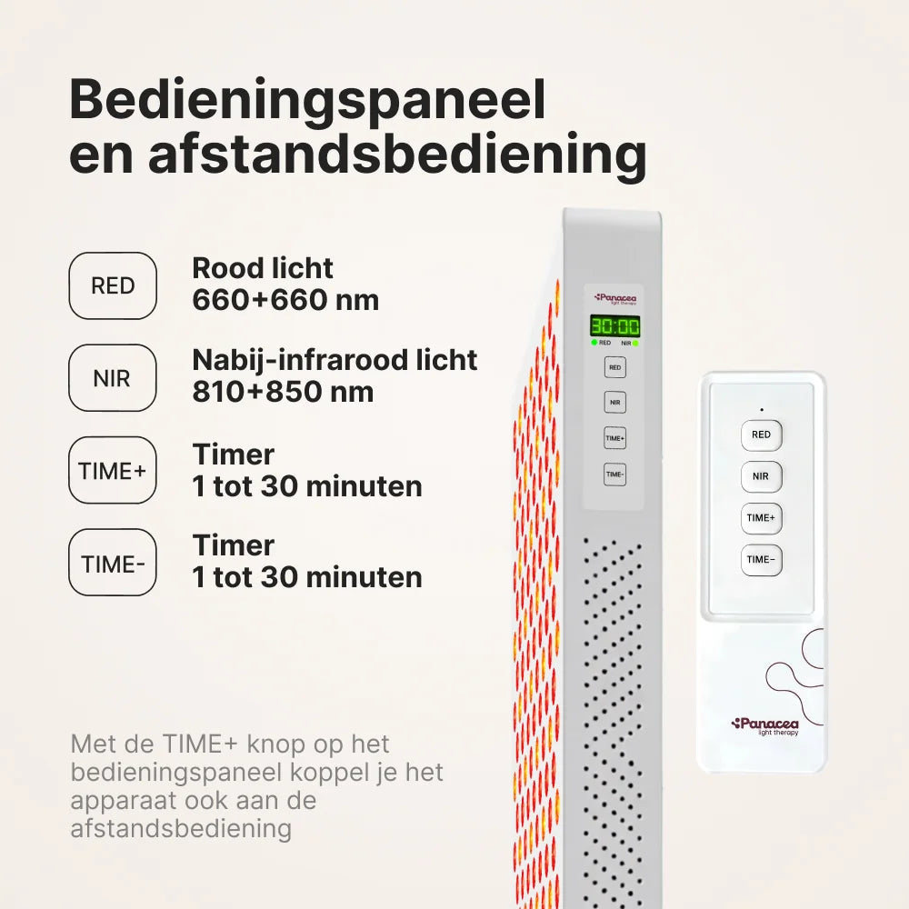 ATP Pure 1500 bedieningspaneel en afstandsbediening: rood licht 660 nm, nabij-infrarood 810 en 850 nm, timer van 1 tot 30 minuten