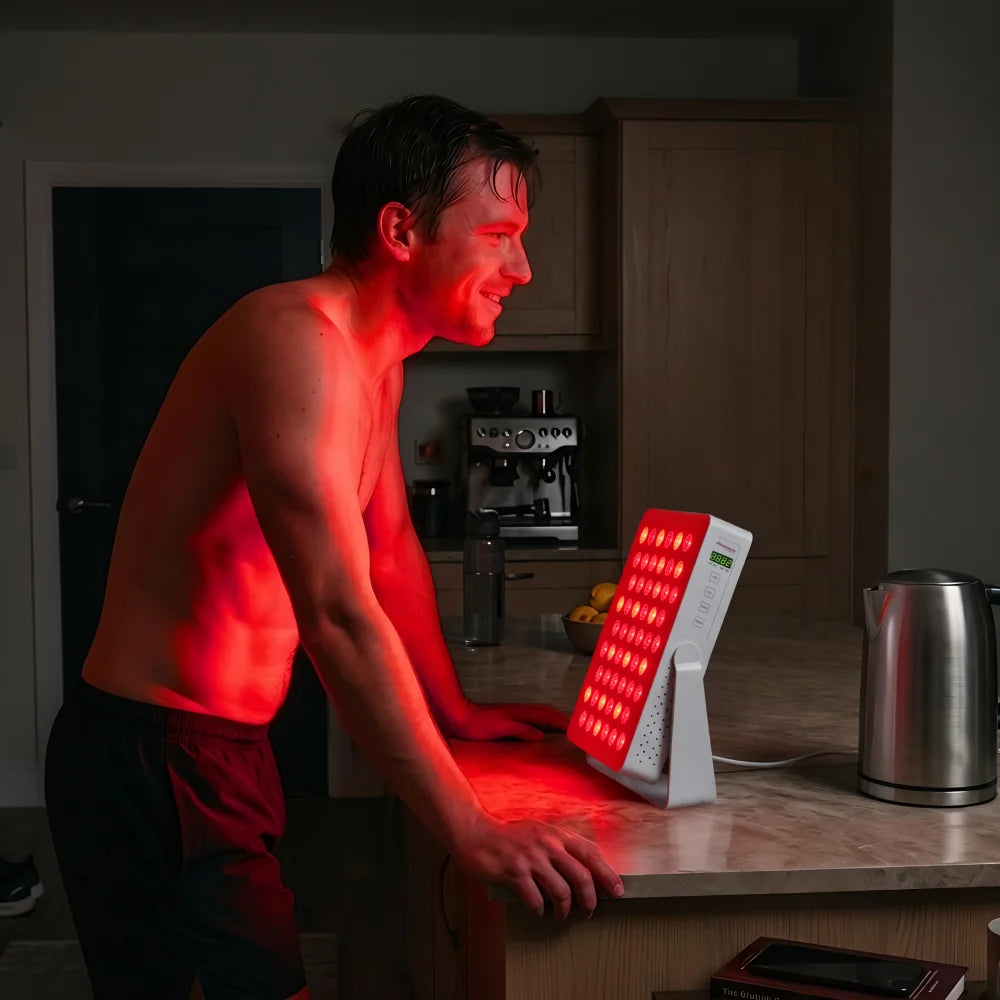 Man staat in de keuken voor de ATP Pure 300 op het aanrecht, rood licht aan