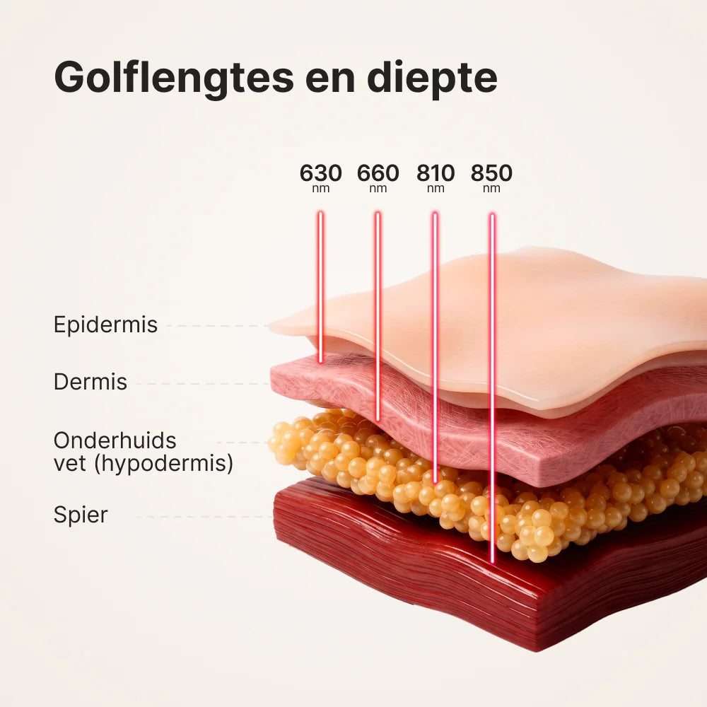 ATP Pure serie golflengtes en diepte: 630, 660, 810 en 850 nm door epidermis, dermis, onderhuids vet en spier