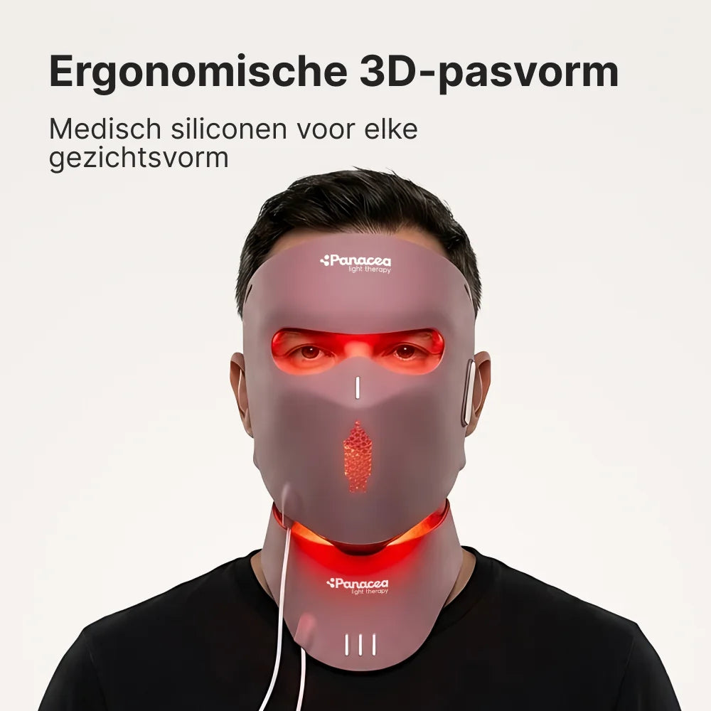 Man draagt het Panacea LED Masker met hals- en décolletéstuk: ergonomische 3D-pasvorm van medisch siliconen