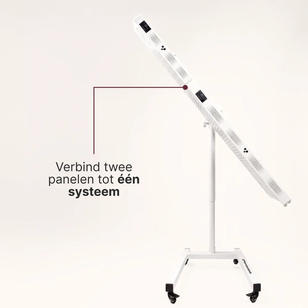 Twee ATP Pro panelen met het koppelstuk verbonden tot één systeem op de horizontale standaard