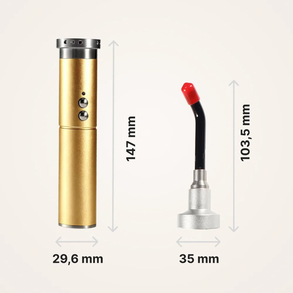 ReviveTorch afmetingen: lamp 147 x 29,6 mm, precisietip 103,5 x 35 mm