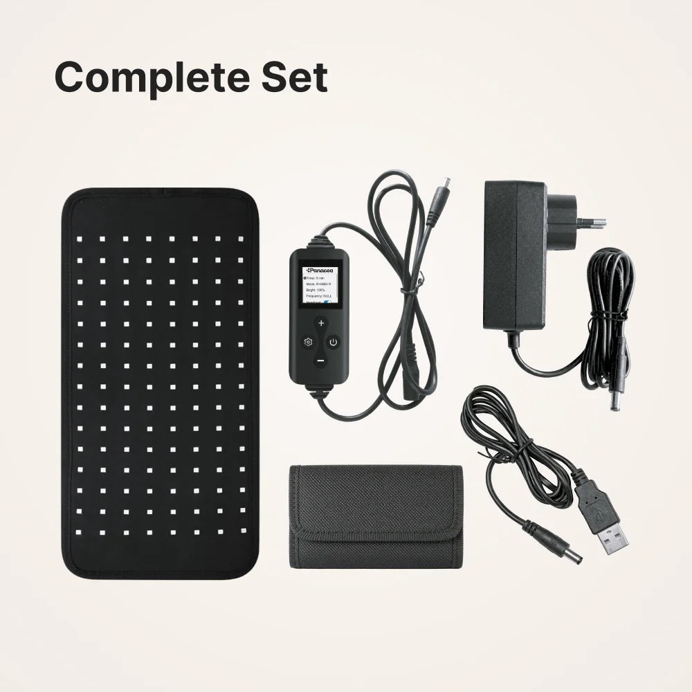 TheraFlex bedrade Complete Set: LED-riem, bedrade controller met display, adapter, opbergetui en USB-kabel