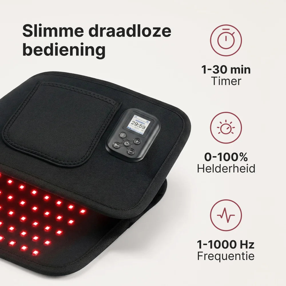 TheraFlex riem met slimme draadloze bediening: timer van 1 tot 30 minuten, helderheid 0 tot 100% en frequentie 1 tot 1000 Hz