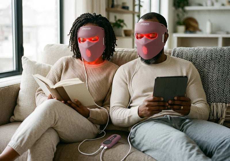 Stel zit op de bank met het Panacea LED Masker op terwijl ze lezen