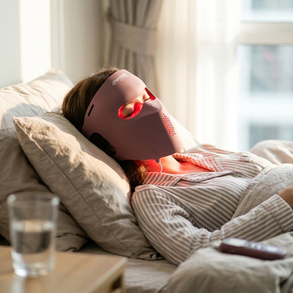 Woman lying relaxed on a bed wearing the Panacea LED Mask