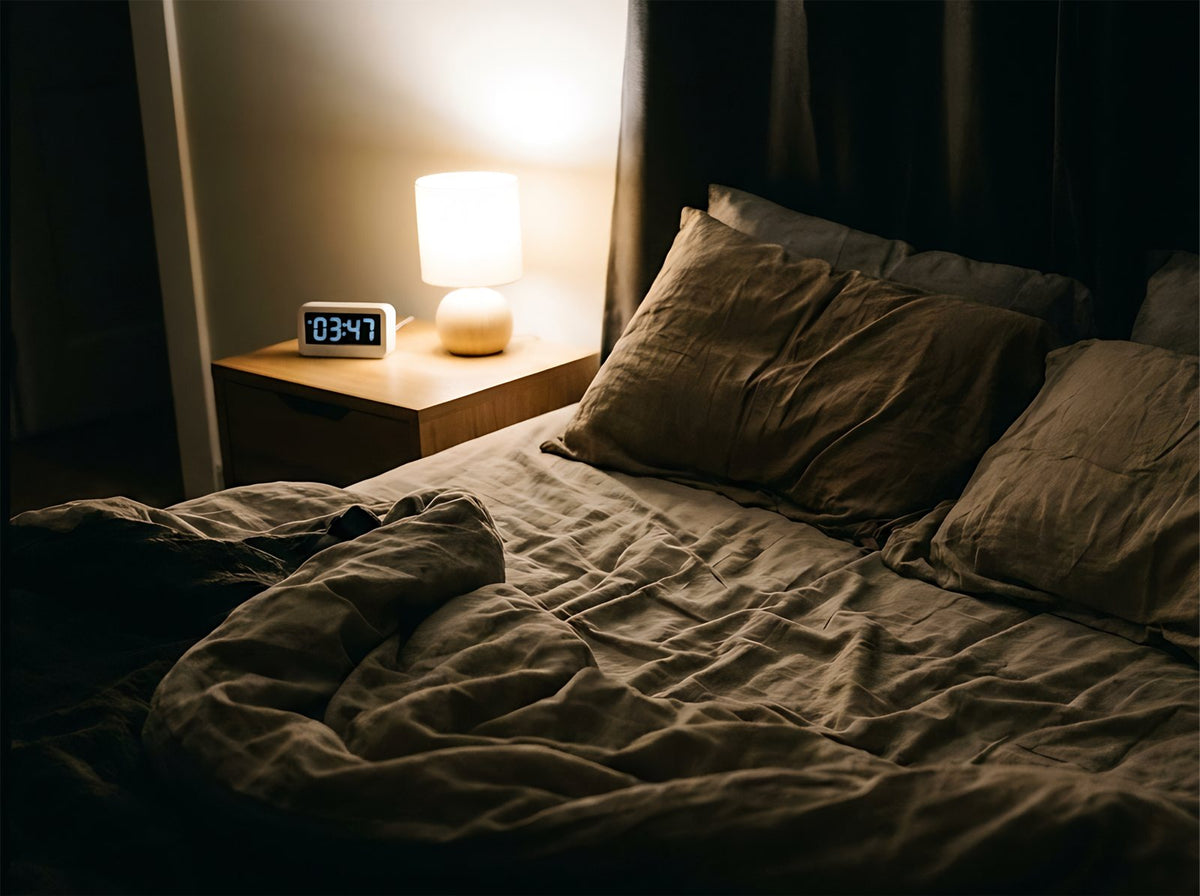 Leeg bed in het donker met een wekker op het nachtkastje