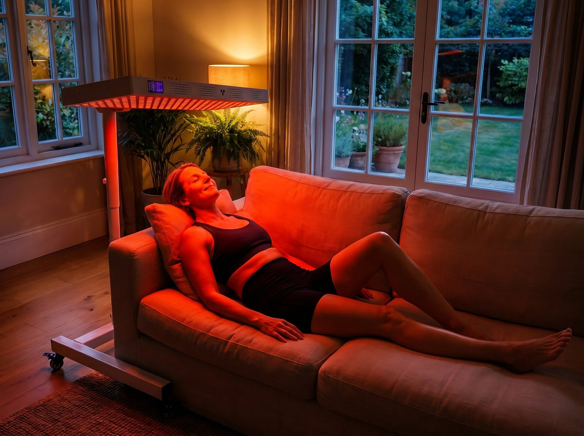 Woman relaxing at home on the couch under a Panacea red light panel on the stand