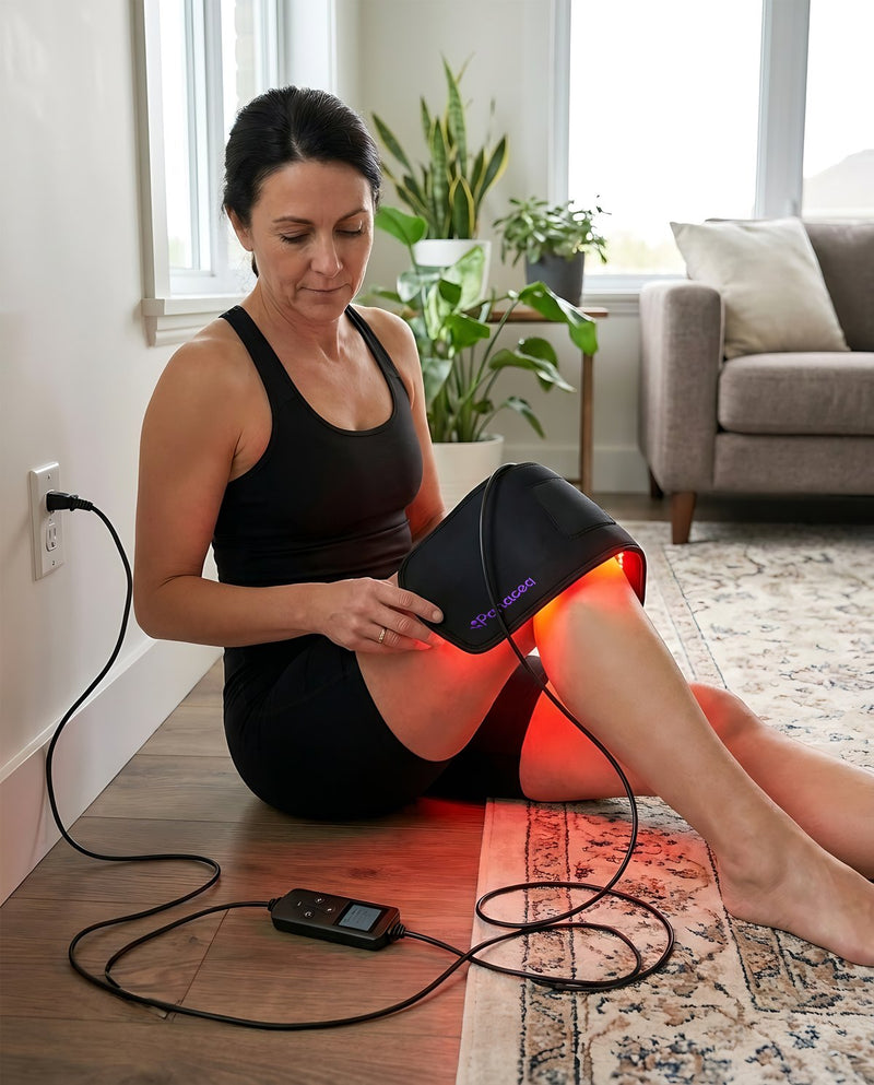 Woman wearing the TheraFlex belt around her knee