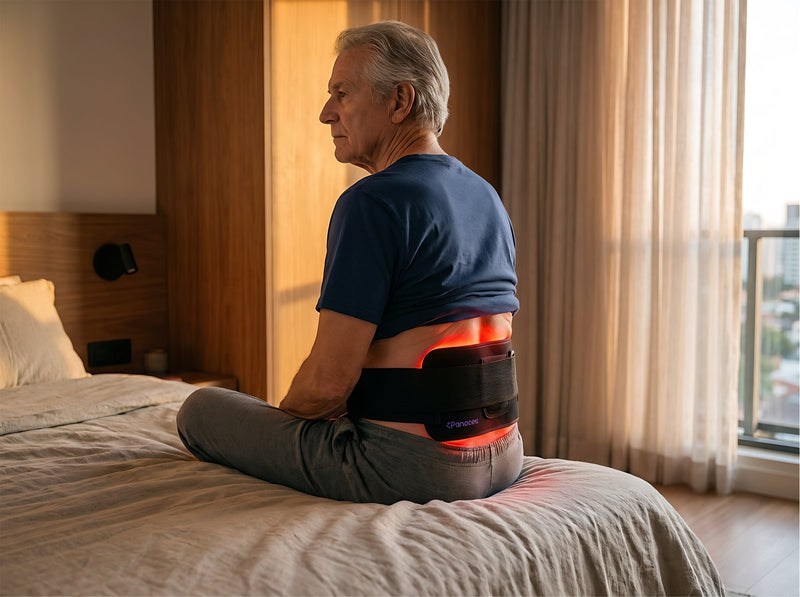 Man sitting on the edge of the bed with the TheraFlex belt around his lower back.
