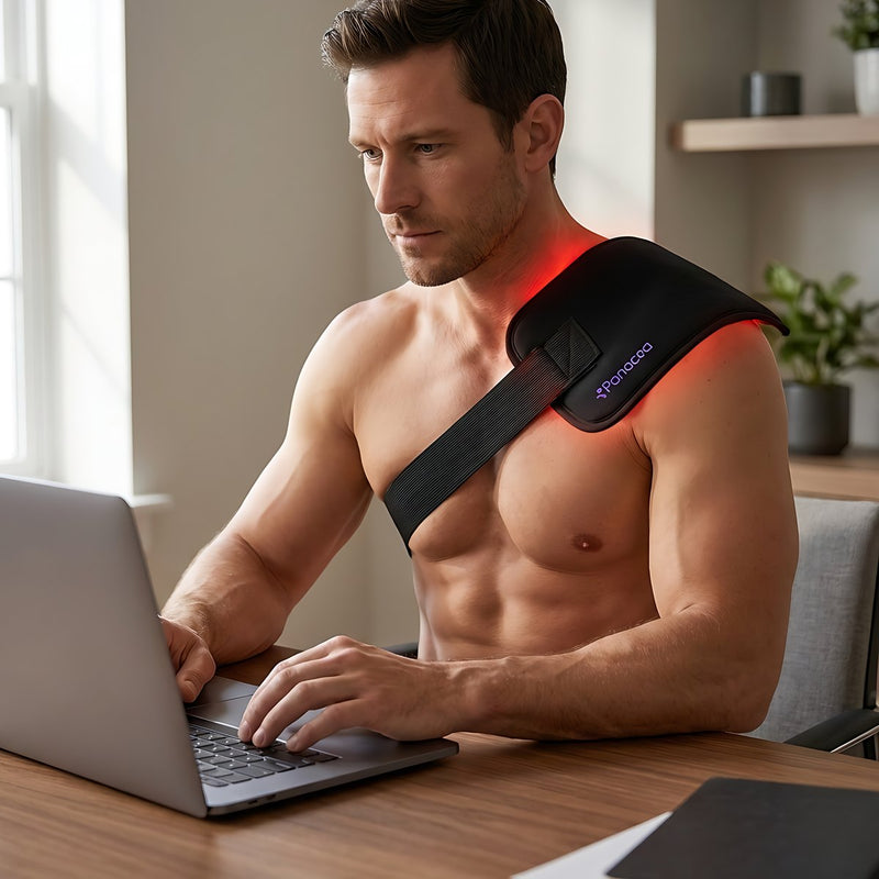 Man wearing the TheraFlex belt on his shoulder behind his laptop