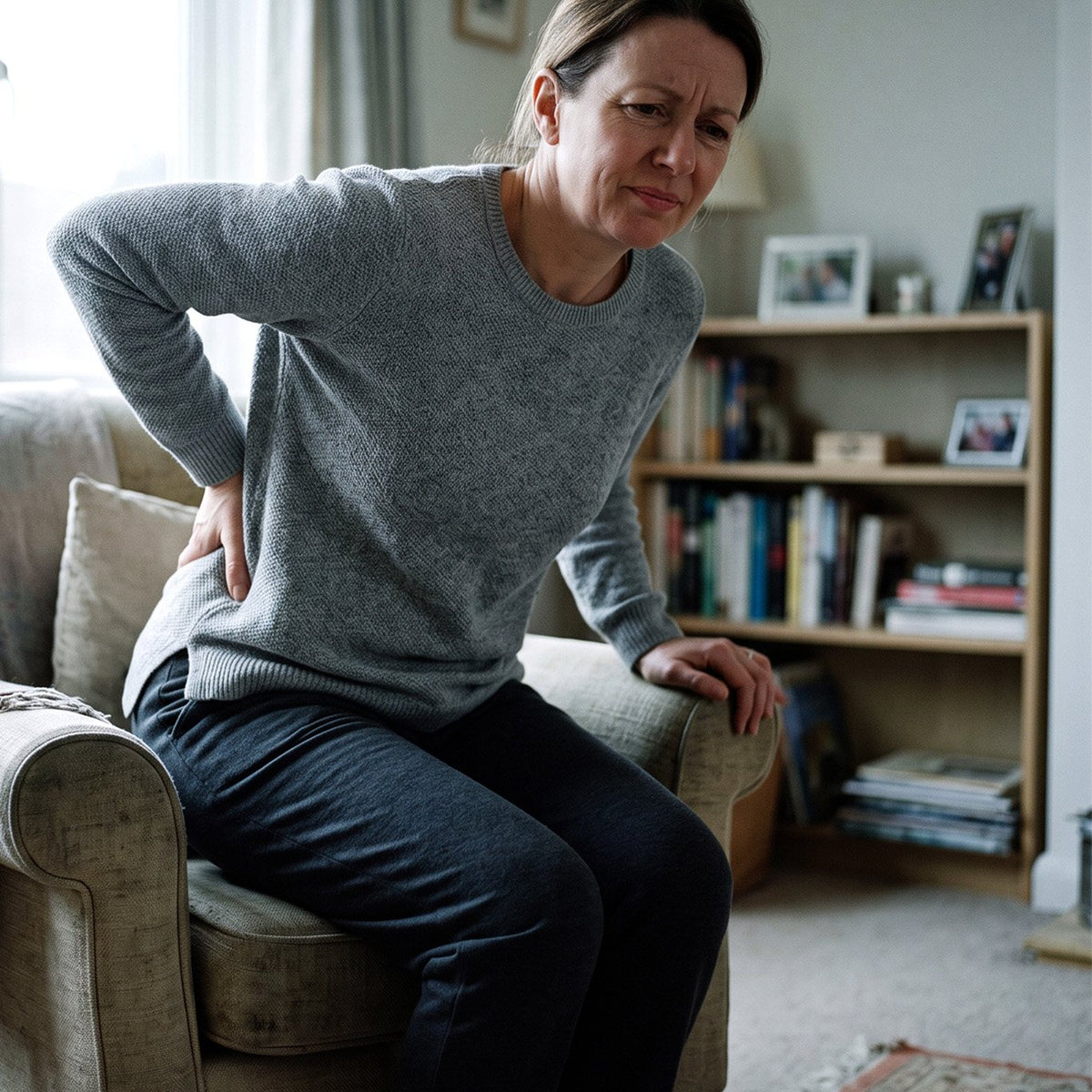 Woman holding her lower back as she gets up from a chair