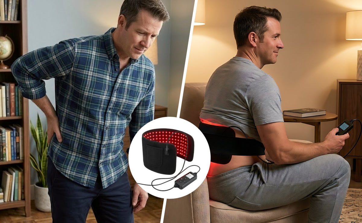 On the left, a man with back pain; on the right, the same man wearing the TheraFlex belt around his lower back.